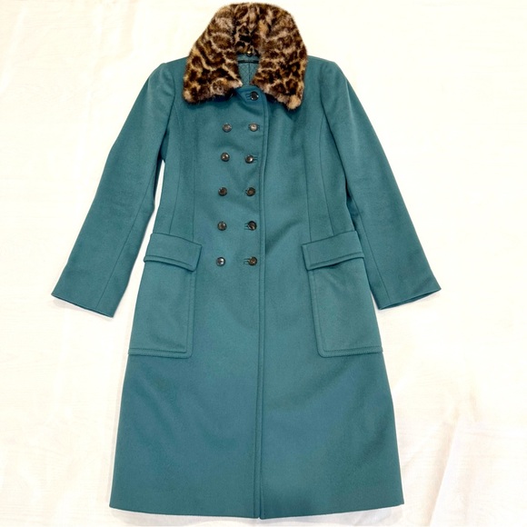 Gucci Jackets & Blazers - Rare Gucci Double Breasted Teal Virgin Wool Coat W Leopard Mink Collar, Sz 42